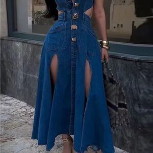 Stylish Denim Cutout Maxi Dress with Gold Accents